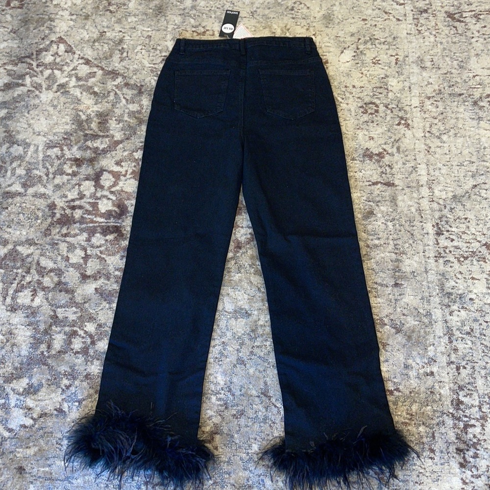 NWT BooHoo Tall Feather Trim Straight Leg Jean - Picture 8 of 11